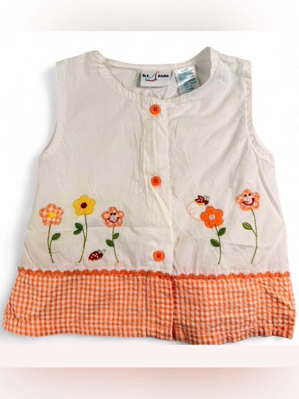 Vintage White Tank Top with Orange Gingham Trim and Floral Embroidery